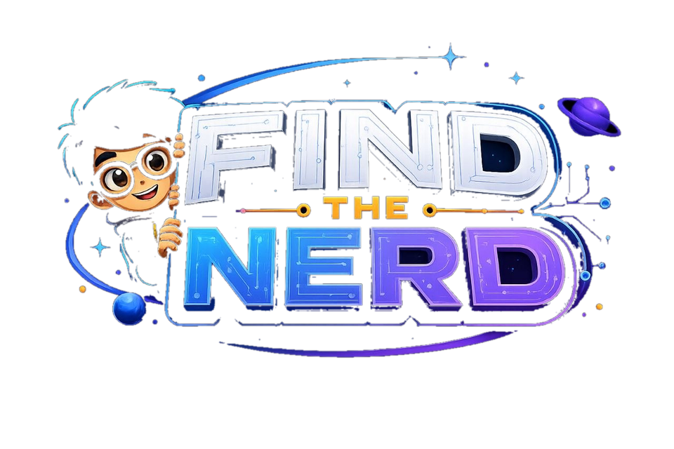 Find the Nerd title artwork: the Nerd, a cartoon kid with big glasses, beside glowing sci-fi lettering