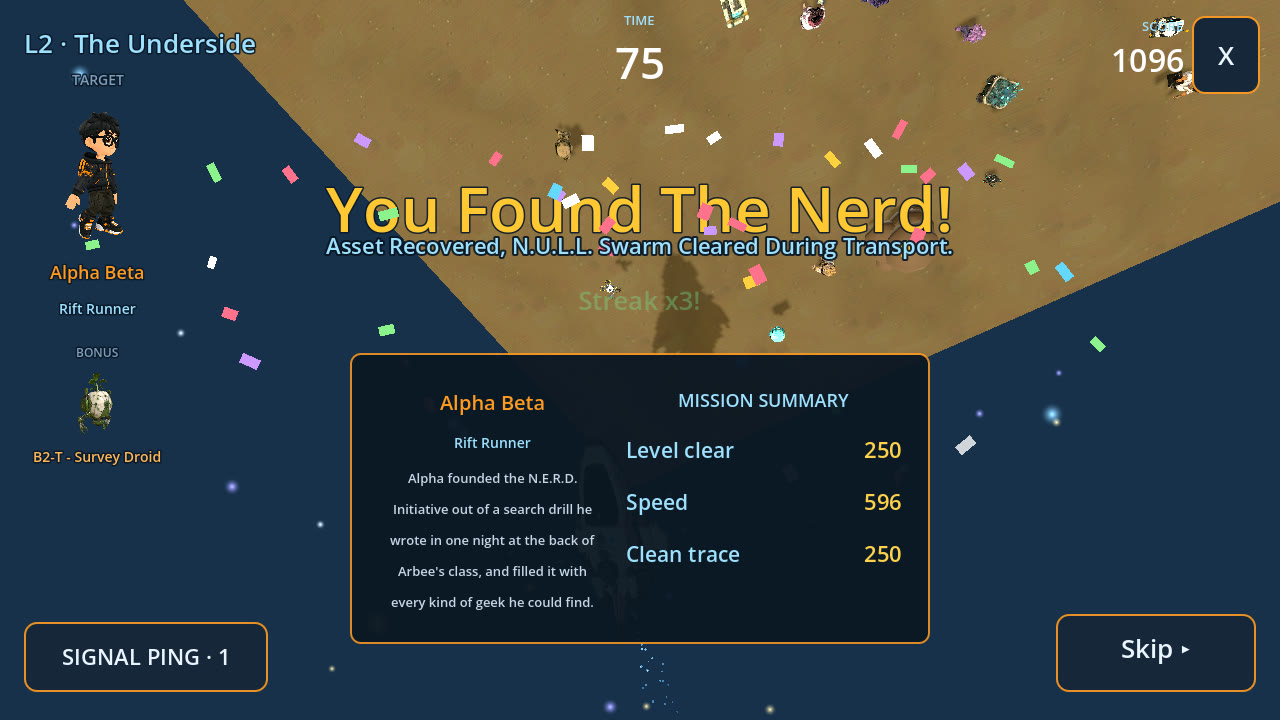 The catch: gold burst, confetti and the mission summary with its bonuses