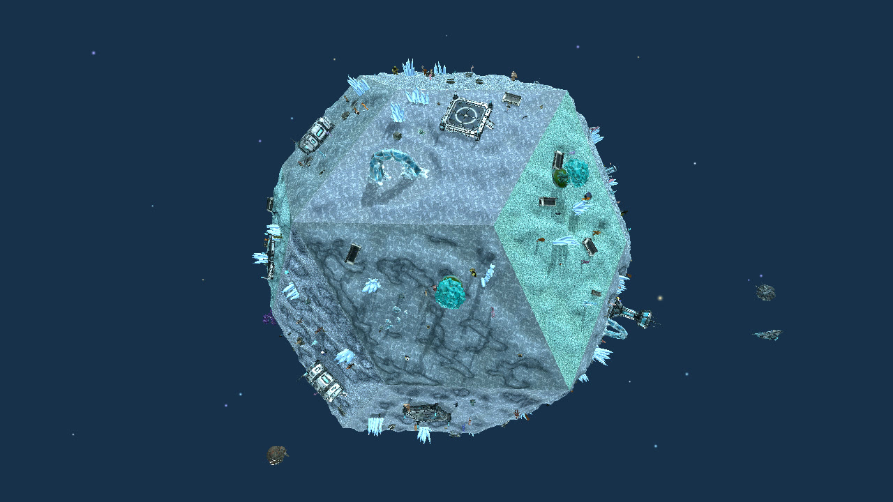 A whole twenty-sided world seen from space, buildings and crowds dotting every face