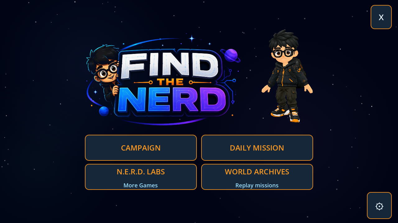 The Find the Nerd title screen with its four assignments